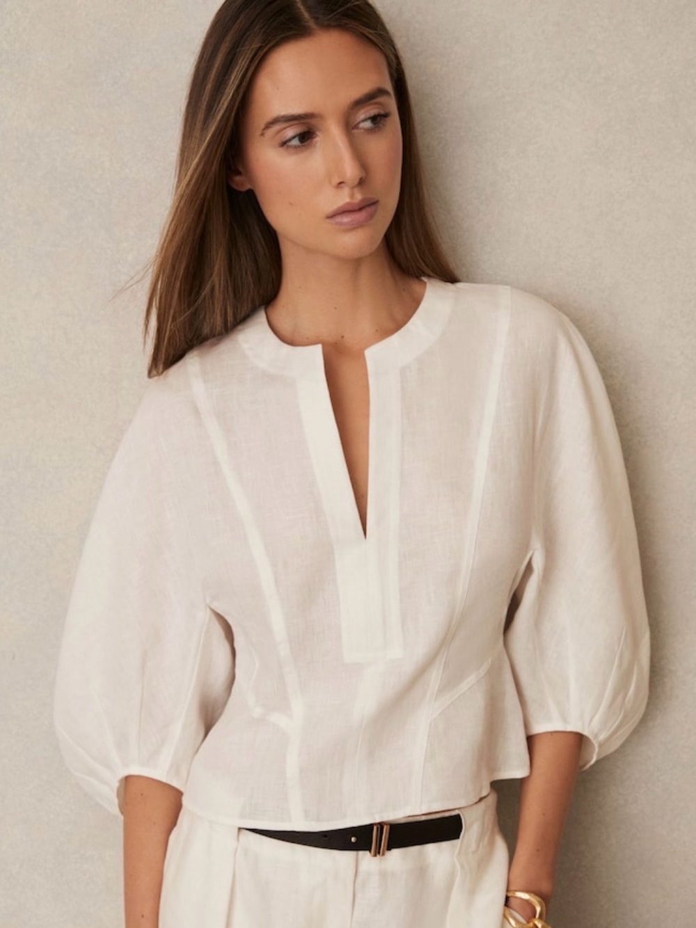 Reiss Ivory Remi Linen Balloon-Sleeve Top